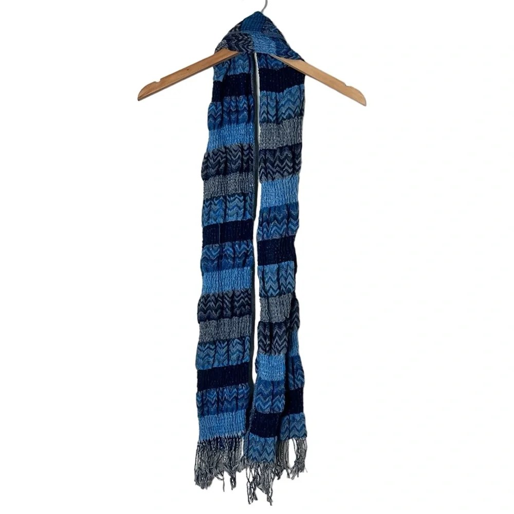 Blue striped fringe crinkle scarf wrap
